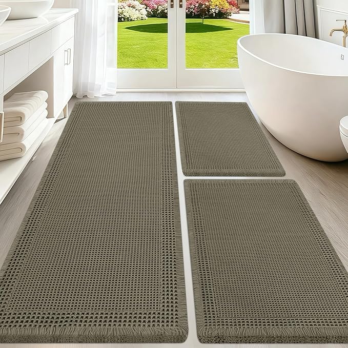 Upgraded Waffle Bath Mat Set 3 Piece Greyish Green-Bordered, Super Absorbent Non-Slip Quick Dry Bathroom Rugs with Tassels, Machine Washable Ultra Soft Boho Bath Rugs, Toilet Mats Boho Farmhouse Decor
