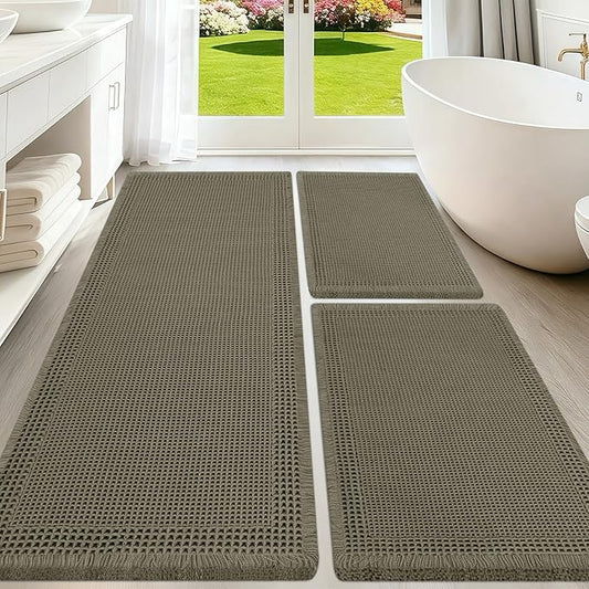Upgraded Waffle Bath Mat Set 3 Piece Greyish Green-Bordered, Super Absorbent Non-Slip Quick Dry Bathroom Rugs with Tassels, Machine Washable Ultra Soft Boho Bath Rugs, Toilet Mats Boho Farmhouse Decor