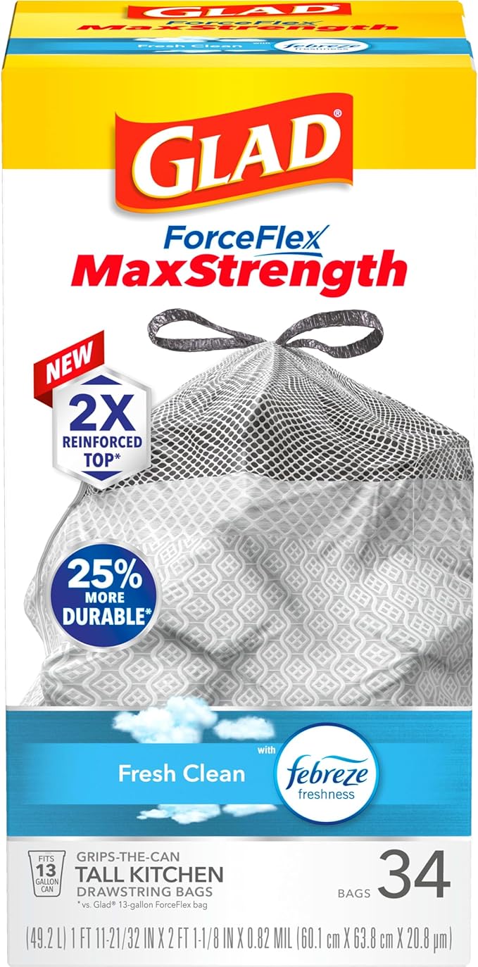 Glad ForceFlex MaxStrength Kitchen Trash Bags, 13 Gal, Fresh Clean Febreze, 34 Ct (Package May Vary) (Pack of 2)