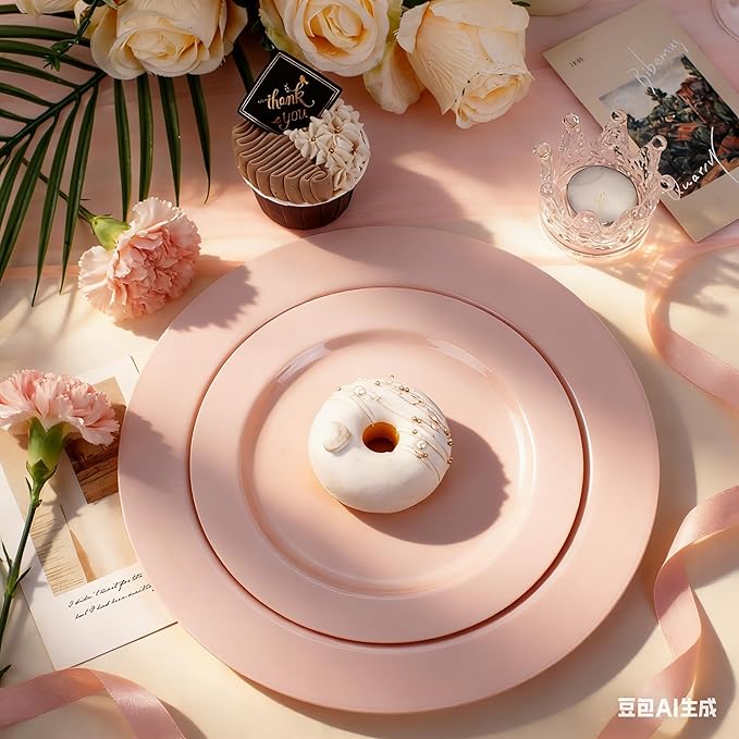 FLOWERCAT 100PCS Pink Plastic Plates - Heavy Duty Pink Party set Disposable serve for 50 guests -10 inch Dinner + 7 inch Dessert/Salad Plates for Easter,Birthday Party,Mother's Day