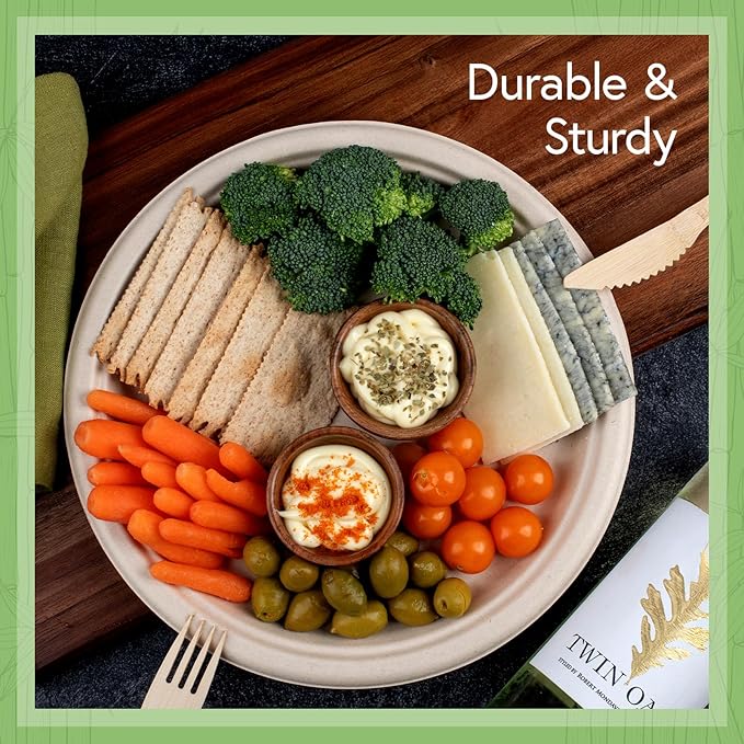Jenvita Bamboo Paper Disposable Plates with Compartment (125-Pack, 9-inch) - Sturdy & Microwave Safe | Disposable Sectioned Plates | PFAS Free, Biodegradable | FSC Certified Alternative to Plastic