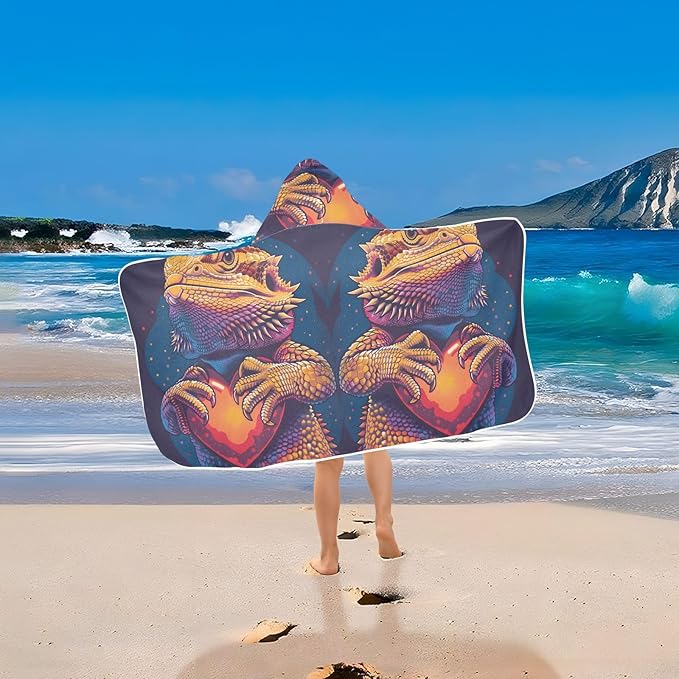 Hooded Towel for Kids Lizards Holding Love Heart Beach Wrap Bath Towels 50x23.5in