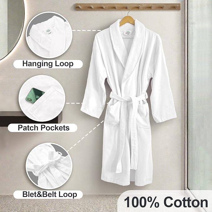 VOOVA & MOVAS Towel Robe for Men Women,Premium 100% Cotton Terry Shawl Collar Super Absorbent Unisex Bathrobe, Ideal Bathroom Robe,White