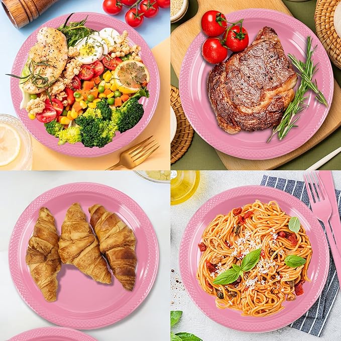 Pink Plastic Plates, 25 Guest Pink Party Supplies Set, Pink Disposable Dinnerware Set, Including Plastic Plates, 12 oz Cups, plastic Cutlery and Paper Napkins for Mothers Day Party Wedding Birthday