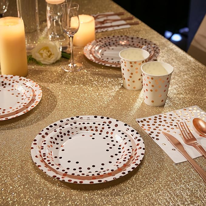 White and Rose Gold Party Supplies - 350 PCS Disposable Dinnerware Set - White Paper Plates Napkins Cups, Gold Plastic Forks Knives Spoon for Graduation, Birthday, Thanksgiving, Cocktail Party