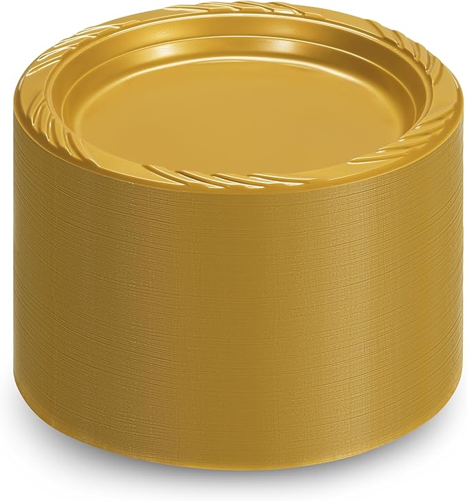 Munfix 100 Pack Gold Plastic Dinner Plates, 9 Inch Disposable Plates Bulk Pack, Party Plates for BBQ, Picnic, Parties, Travel and Events, Microwavable Recyclable