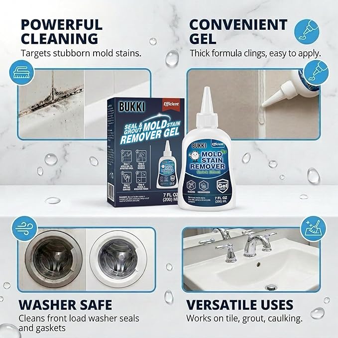 BUKKI Professional Mold Stain Remover Gel (7 FL OZ), Heavy Duty Thick Gel for Shower Grout, Front Load Washer Seals, Caulking, Bathrooms, Sinks and Tile