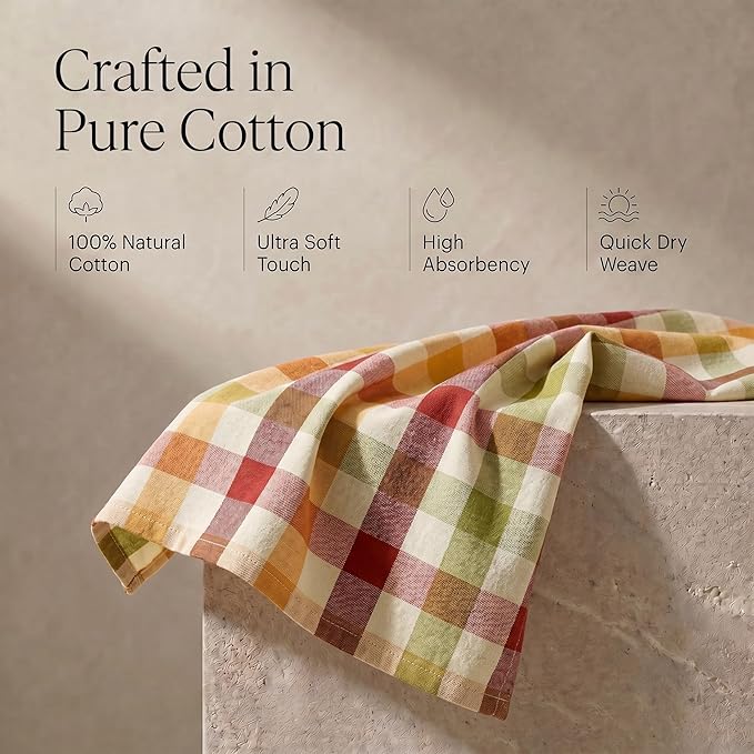 Urban Villa Kitchen Towels 100% Cotton Dish Towels for Kitchen (Set of 6) 20”x30” Dish Cloths Highly Absorbent Kitchen Linen Set with Hanging Loop Perfect for Drying Dishes Cleaning – Harvest Checks