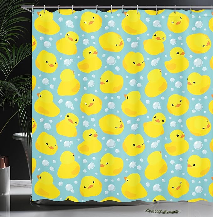 Ambesonne Cartoon Shower Curtain, Happy Rubber Duck and Bubbles Pattern Theme Art, Cloth Fabric Bathroom Decor Set with Hooks, 69" W x 75" L, Yellow Aqua