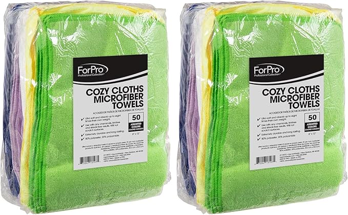 ForPro Professional Collection Cozy Cloths Microfiber Towels, Ultra-Soft and Absorbent Cleaning Cloths, Assorted Colors, 50-Count (Pack of 2)