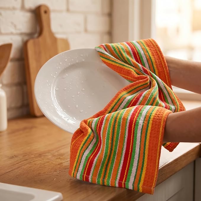 Urban Villa Kitchen Towels Waffle Stripes Dish Towels for Kitchen Orange Waffle Set of 6 Kitchen Towels Highly Absorbent 100% Cotton Over Sized 20X30 in with Mitered Corners Kitchen Hand Tea Towels