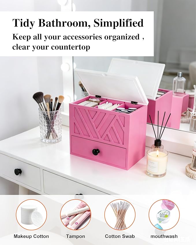 Tampon Holder for Bathroom Decor Feminine Product Organizer With Lid & Drawer Shark Week Box Girl Stuff (1, PINK)