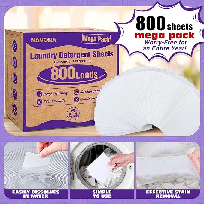 800 Loads Laundry Detergent Sheets, Eco-friendly Laundry Sheets, Powerful Cleaning, Suitable for Homes, Dorms, and Apartments - [Lavender Fragrance]