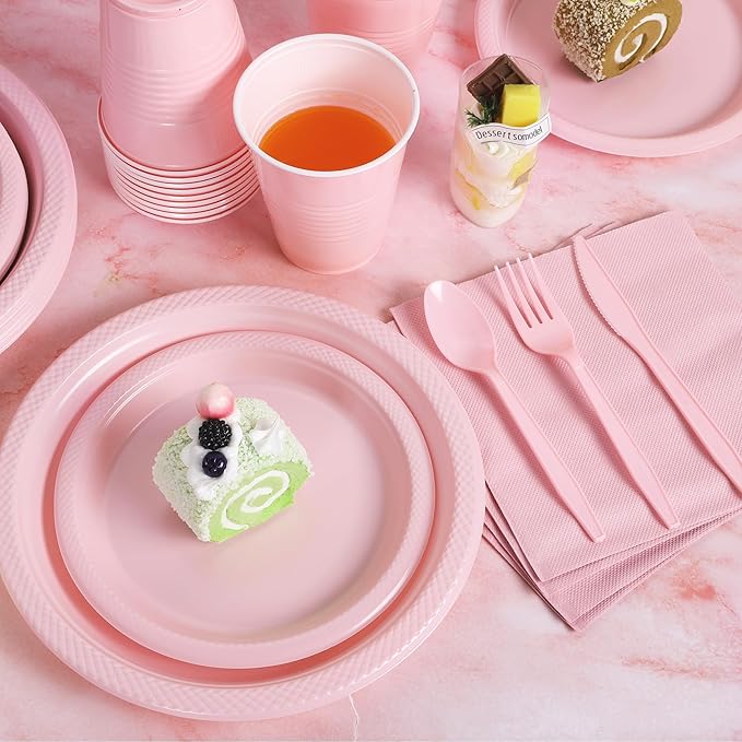 Aodaer 200 Pieces Pink Party Supplies Disposable Dinnerware Set Include Plastic Plates Cups Knives Forks Spoons Paper Napkins for Birthday Wedding Graduation Parties, Serve 25 Guests