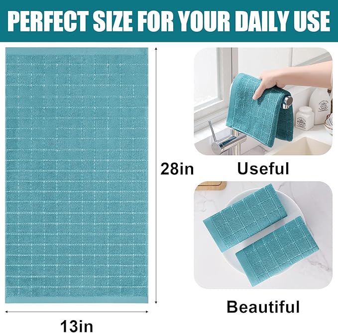 Homaxy 100% Cotton Terry Kitchen Towels(Lake Blue, 13 x 28 inches), Checkered Designed, Soft and Super Absorbent Dish Towels, 6 Pack