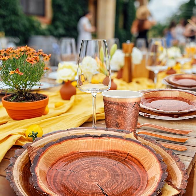 FillTouch 350 Pcs Camping Wood Grain Slice Party Supplies Set Rustic Camo Hunter Disposable Paper Plates Napkins Cups Cutlery Hunting Knives Fork Spoon for 50 Guests Camping Party Baby Shower Birthday
