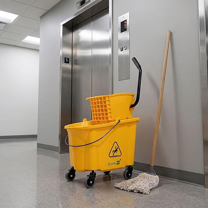 Restaurantware RW Clean 38 Quart Industrial Mop Bucket 1 Combo Mop Wringer Bucket - With Side Press Wringer Built-In Casters Yellow Plastic Commercial Mop Bucket Carry Handle For Commercial Use