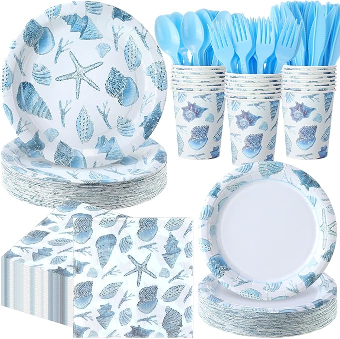 Pickmesh 400 Pcs Under The Sea Party Decoration Set, Ocean Seashell Paper Plates and Napkins, Shell Cups and Cutlery Supplies Ocean Themed Birthday Party Tableware, Serve for 50 Guests