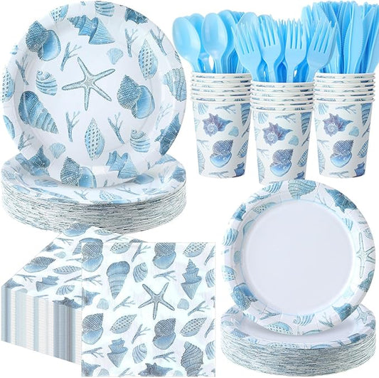 Pickmesh 400 Pcs Under The Sea Party Decoration Set, Ocean Seashell Paper Plates and Napkins, Shell Cups and Cutlery Supplies Ocean Themed Birthday Party Tableware, Serve for 50 Guests