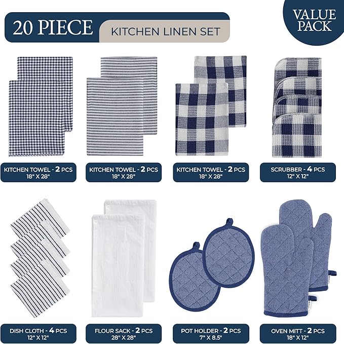 LANE LINEN Flour Sack Towels & Kitchen Towel Set 20 Pc - Premium Cotton Tea Towels for Bread Baking, Super Absorbent Dish Cloths for Washing Dishes, Multipurpose Kitchen Rags & Oven Mitt Set - Indigo