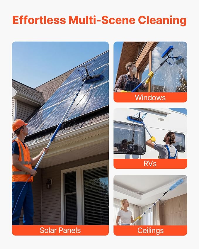 VEVOR Solar Panel Cleaning Kit, 26 ft, Water Fed Pole Kit with Cleaning Brush, Squeegee, Soap Dispenser, Extendable Aluminum Telescopic Pole, 180° Rotatable Brush Head, for Roof Mounted Solar Panels