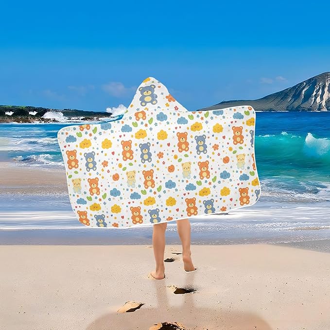 Kids Beach Towel Cartoon Bear Colorful Cute Hooded Beach Bath Towel Absorbent Kids Bath Towels with Hood