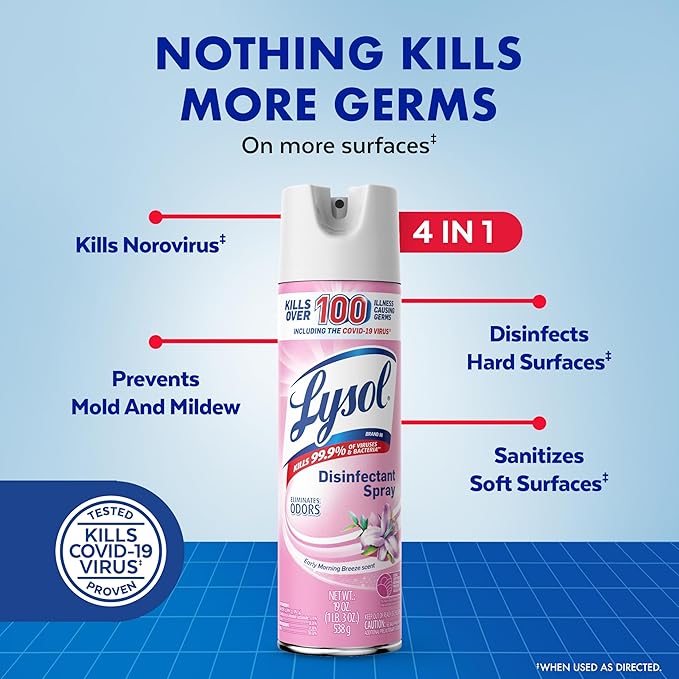 Lysol Disinfectant Spray, Household Cleaning Supplies, Disinfecting Multi-Purpose Room Spray, Antibacterial Sanitizer, Deodorizer, Kills Hantavirus, Early Morning Breeze, 19 Fl Oz