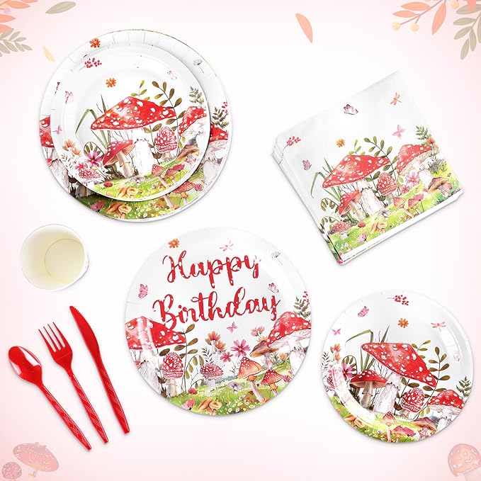 Pickmesh 400 Pcs Mushroom Birthday Party Decoration Set, Disposable Mushroom Paper Plates and Napkins, Cups and Cutlery Supplies Spring Themed Birthday Party Tableware, Serve for 50 Guests
