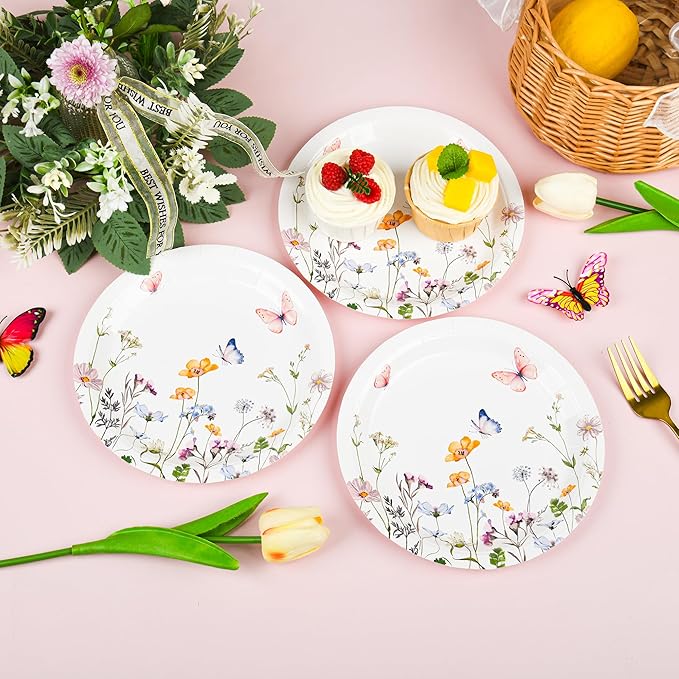 AimFun 24 Pcs Wildflower Paper Plates 9 Inch Disposable Floral Plates Spring Summer Watercolor Rustic Botanical Dinner Plates for Baby Shower Birthday Bridal Shower Wedding Tea Party