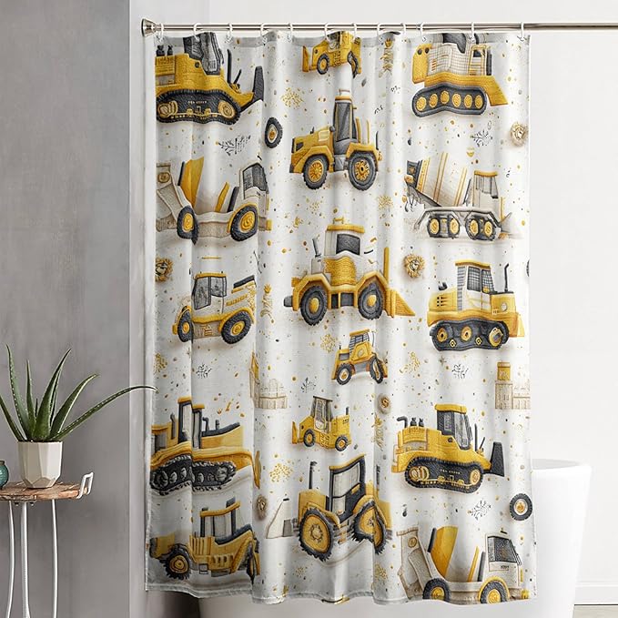 AILONEN Cartoon Construction Trucks Shower Curtain Set,Truck Cranes Tractors Bath Curtains,Boys Yellow Machinery Truck Waterproof Shower Curtain with Hooks,72" Wx72 H