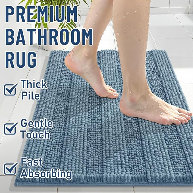 Grandaily Chenille Striped Bathroom Rugs 34x21, Extra Thick and Soft Absorbent Bath Mats, Rubber Backing, Plush Shaggy Shower Carpet, Machine Wash Dry, Bath Rug for Bathroom, Airy Blue