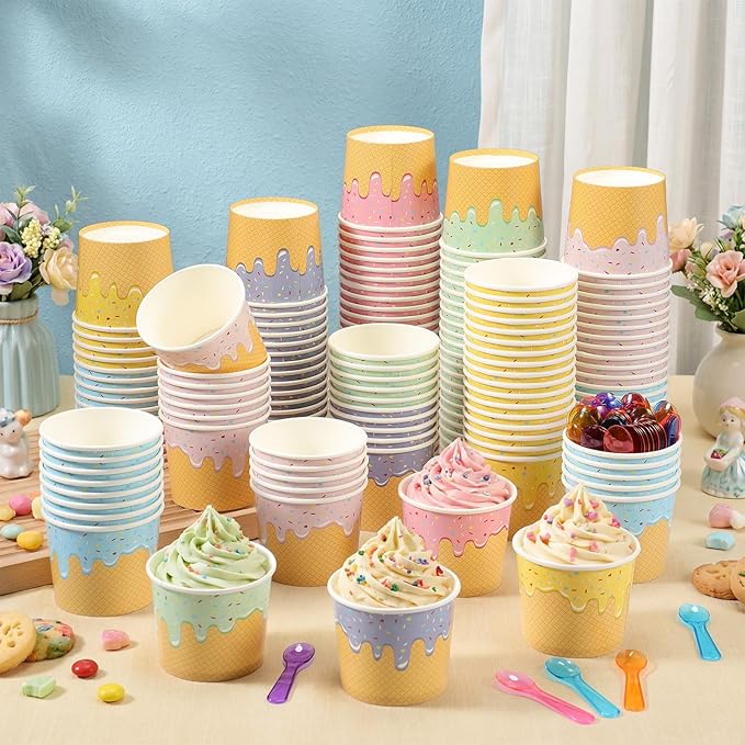 Jingmore 240 Set Paper Ice Cream Cups Bulk with Spoons 4 oz Disposable Sundae Bowls Colorful Paper Dessert Cups Containers for Snack Yogurt Soup Summer Bar Party Supplies