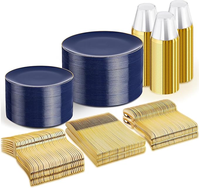 WDF 300PCS Navy Blue Plates Disposable - Blue Plastic Plates 50guest Heavy Duty Plastic Dinnerware Sets for Party/Wedding/Birthday/Graduation