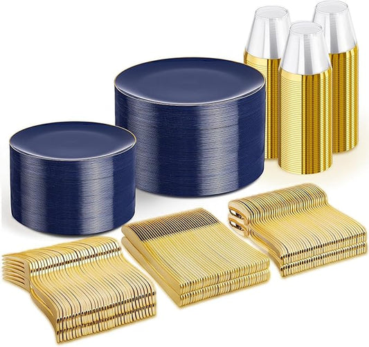 WDF 300PCS Navy Blue Plates Disposable - Blue Plastic Plates 50guest Heavy Duty Plastic Dinnerware Sets for Party/Wedding/Birthday/Graduation