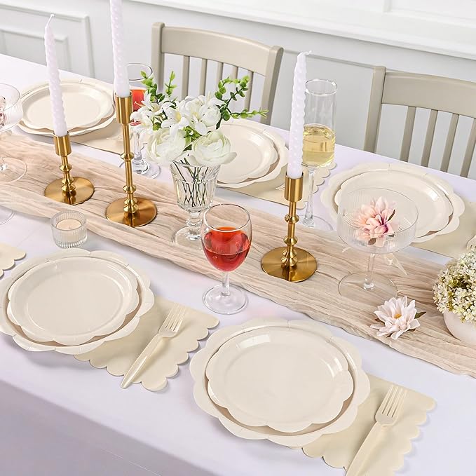 96 Pcs Ivory Paper Plates and Napkins Set Party Supplies, Tableware set for 24 Guest include Disposable Ivory Scalloped Plates, Napkins and Forks for Baby Shower Bridal Shower Wedding
