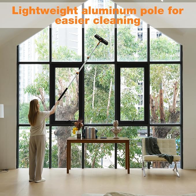 26Ft Window Squeegee with 5-19 FT Extension Poles, 2-in-1 Window Cleaning Kit with Telescopic Pole, Extra-Large 14" Window Squeegee Window Cleaner Tool with Adjustable Head, for High Window, Glass, RV