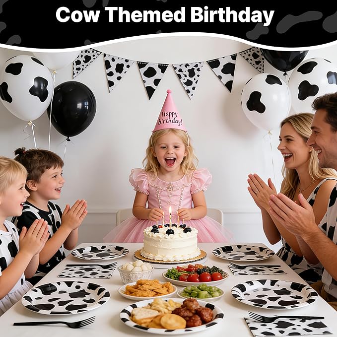 100 Pcs Cow Themed Party Supplies for 25 Guests, Heavy-Duty 7" & 9" Paper Plates, 2-Ply 13" Napkins & Plastic Forks, Disposable Cow Print Tableware Set for Farm Western Theme Party