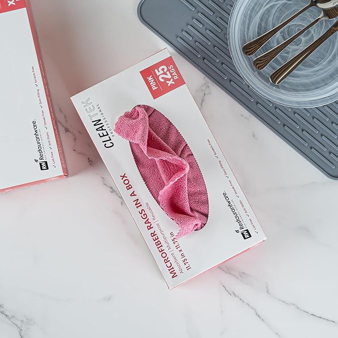 Restaurantware-Clean Tek Professional 11.81 x 11.81 Inch Microfiber Rags In a Box, 250 Absorbent Cleaning Cloths - No-Scratch, Pink Microfiber Reusable Edgeless Cleaning Towels, Leaves No Streak