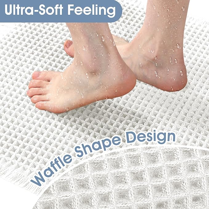 Upgraded Waffle Bath Mat Set 2 Piece White, Super Absorbent Non-Slip Quick Dry Bathroom Rugs with Tassels, Machine Washable Ultra Soft Boho Bath Rugs for Floor, Toilet Mats Boho Farmhouse Decor