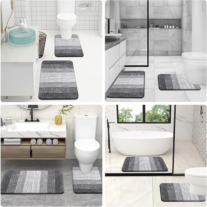 OLANLY Bathroom Rugs Sets 3 Piece, Soft Absorbent Microfiber Bath Mats and U-Shaped Contour Toilet Rug, Plush Shaggy Bath Mat Set for Bathroom (47"x20"+24"x16"+24"x20", Grey)