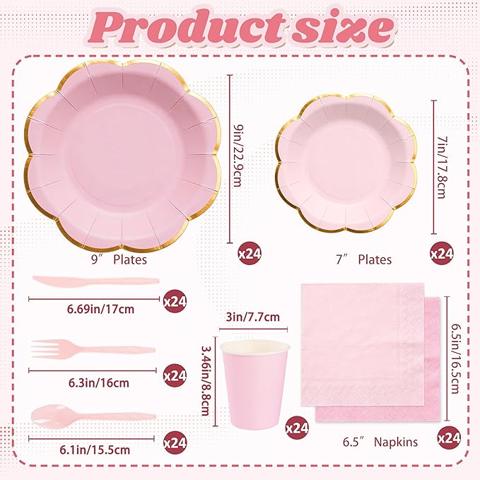 Pink Paper Plates and Napkins Party Supplies for 24 Guest, 168Pcs Pink Scalloped Mother's Day Party Plate with Gold Rim, Pink Disposable Plates Set for Girls Birthday Party Baby Shower Gender Reveal