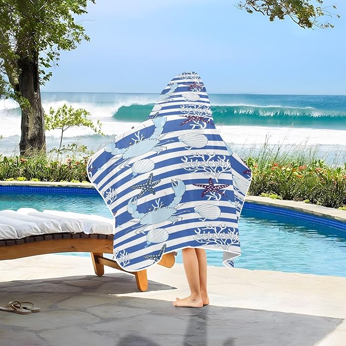 CEBUGI Shell Starfish Hooded Bath Towel for Kids Absorbent Soft Bath Towel Wrap with Hood 50x23.5in Pool Beach Shower Towel for Boys Girls
