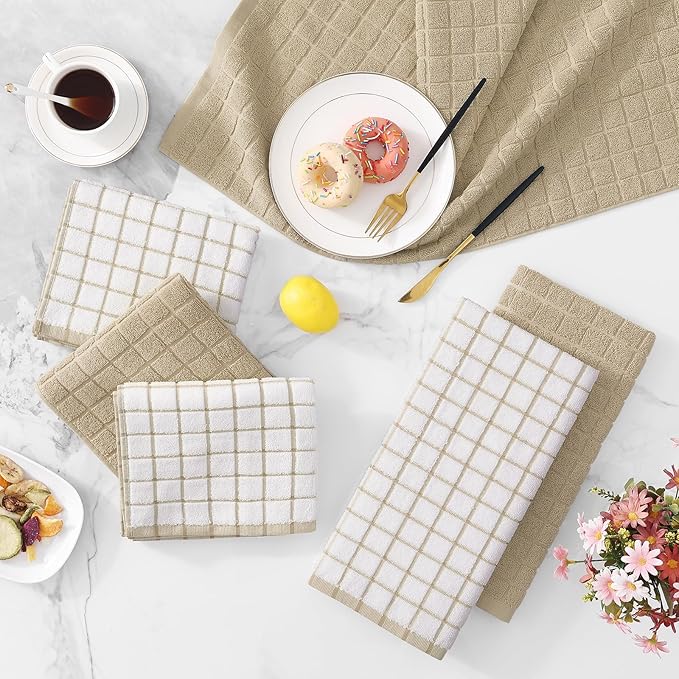 Homaxy Premium Cotton Kitchen Towels 16"x 28", Large Natural Ring Spun 390 GSM Dish Towels, Super Absorbent Terry Kitchen Hand Towels, Soft Tea Towels with Hanging Loop, Tan Check Design, 4 Pack