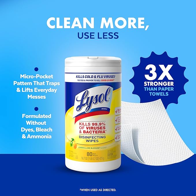 Lysol Disinfectant Wipes Multi-Surface Antibacterial Cleaning Wipes, Dorm Room Essentials For Disinfecting and Cleaning Lemon and Lime Blossom 80 Count (Pack of 2)