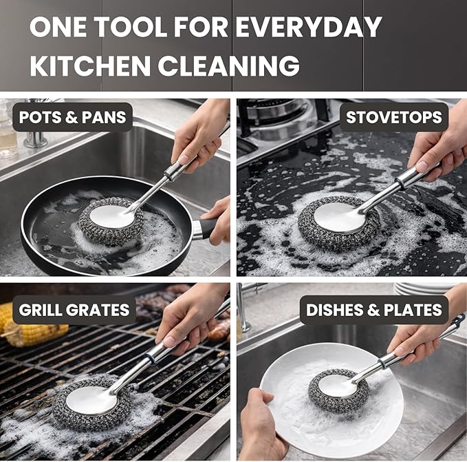 Long Handle Steel Wool Scrubber, Stainless Steel Pot & Pan Scrubber with Replaceable Scouring Ball, Heavy Duty Cast Iron Cleaner for Skillets, Griddles & Cookware (Silver / 2 Pack)