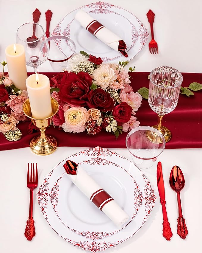 Nervure 350PCS Red Plastic Plates - White Red Plastic Dinnerware Set for 50 Guests - 100 Red Disposable Plates, 50 Pre Rolled Cutlery Set, 50 Cups Perfect for Wedding & Party