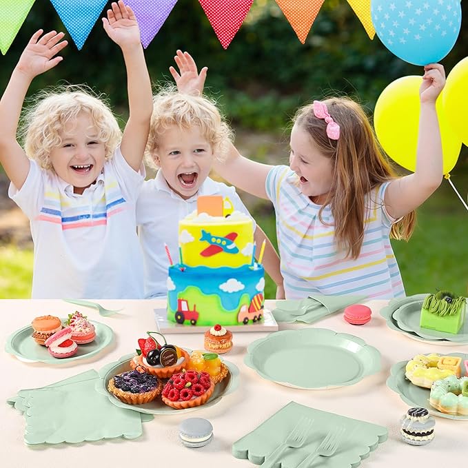 96 Pcs Sage Green Paper Plates and Napkins Set Party Supplies, Tableware set for 24 Guest include Disposable Sage Green Scalloped Plates, Napkins and Fork for Easter, Baby Shower,Wedding,Bridal shower