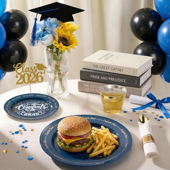 Goodluck 350 Piece Graduation Navy Blue Plastic Dinnerware Set for 50 Guests, Congrats Grad Disposable Plates Include: 50 Dinner Plates, 50 Dessert Plates, 50 Cups, 50 Rolled Napkins with Silverware