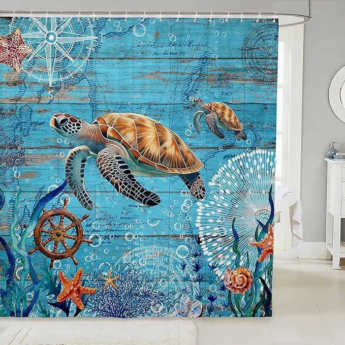 Homewish Sea Turtle Shower Curtain Navigation Route Bathroom Shower Curtain Set for Kids Adult Starfish Coral Bath Curtain Compass Rudder Waterproof Curtains Room Decor 72 x 72 Inch