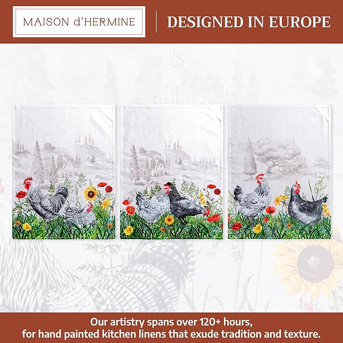 Maison d' Hermine Kitchen Towels Set of 3 100% Cotton 27.50" x 20" Reusable Cloth Tea Dish Towels Absorbent with Hanging Loop for Kitchen Farmhouse Hotel Spring Summer - Basse Cour